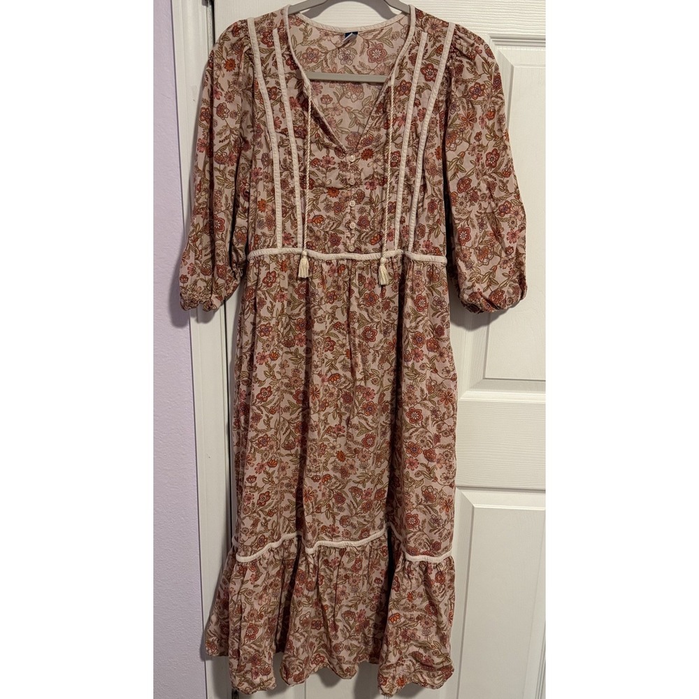 Old Navy 3/4 Sleeve Maxi Swing Dress Med Floral Tie Neck Boho Peasant Pockets
